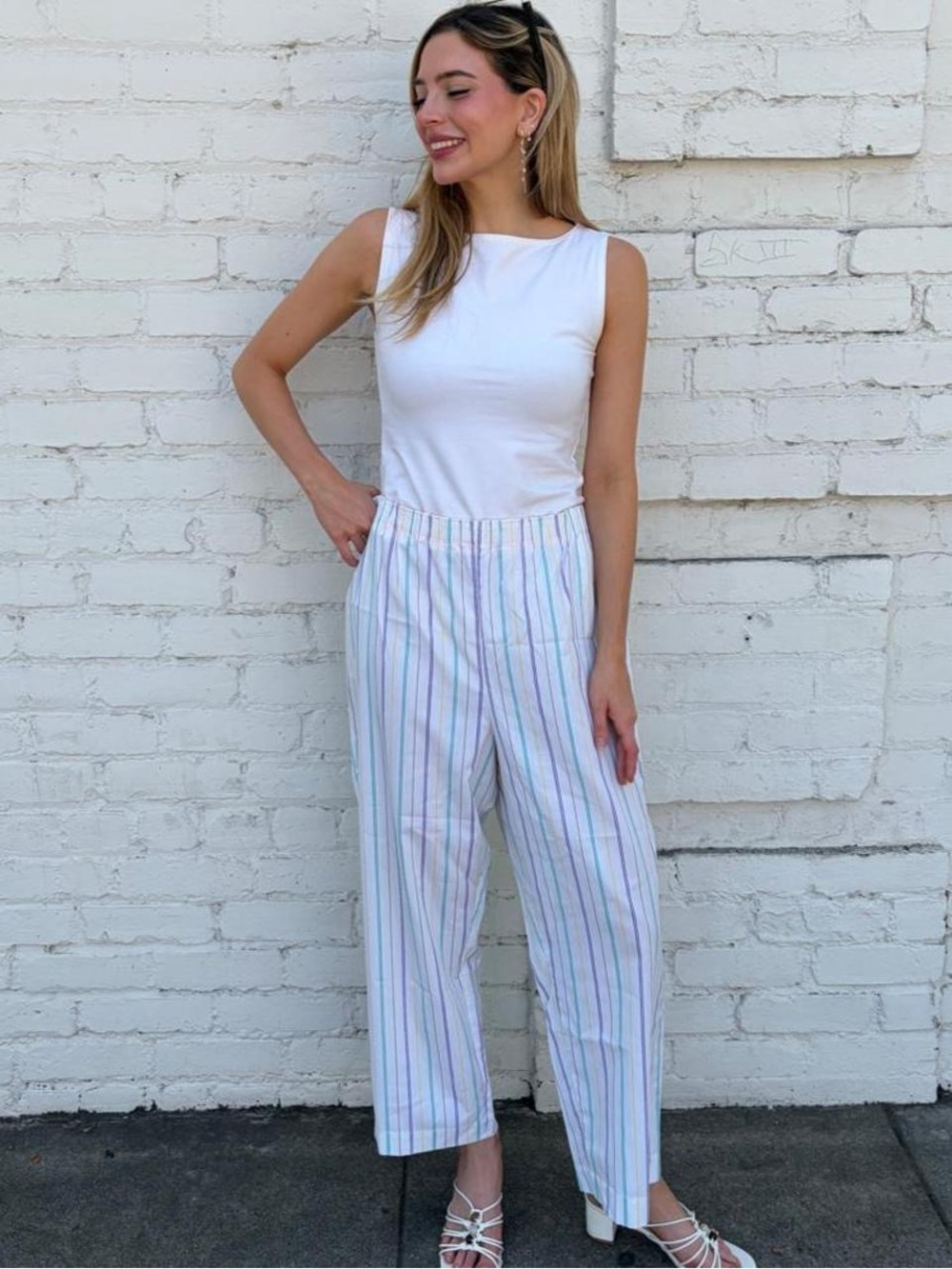 Vtg White colorful striped capri pants sz XL -no tags / probably cotton #summer